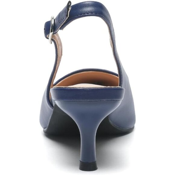 🆕Women Navy PU Low Kitten Heel Slingback Pump Sandals Pointed Toe Heels - Picture 3 of 7